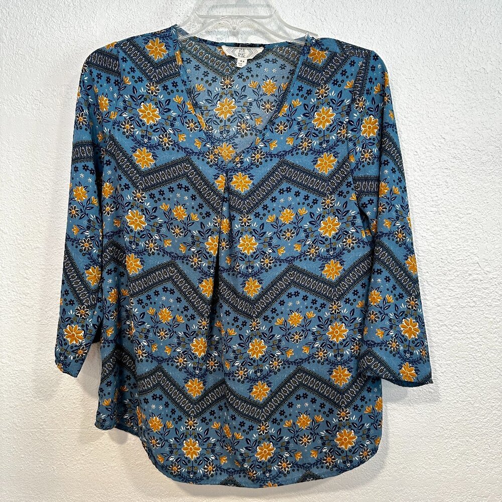 Pink Rose Floral Tunic Top V-Neck Roll Tab Sleeves Blue MultiColor Flowy Size XS